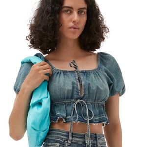 Ganni denim puff sleeve top